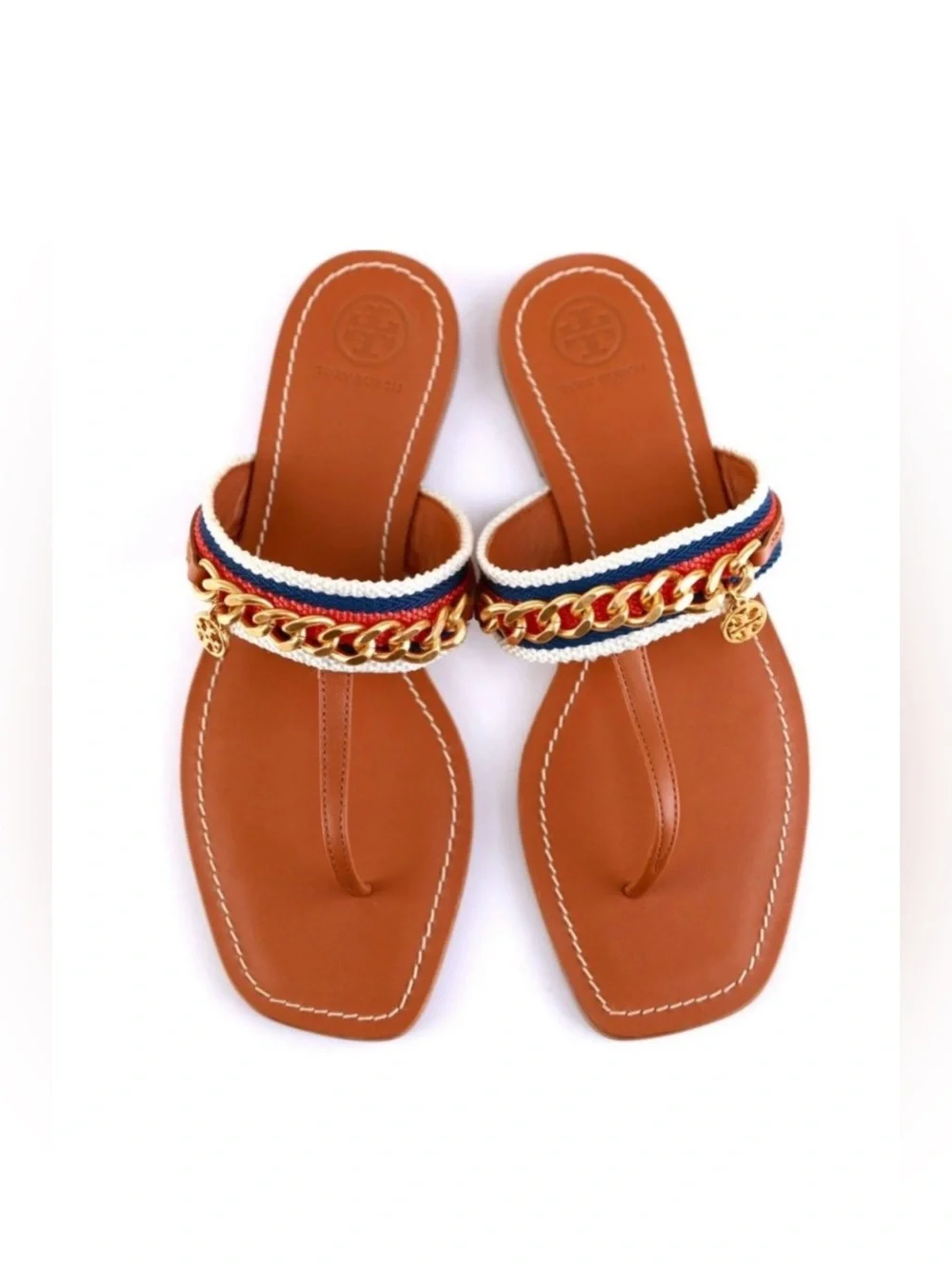 Tory Burch Mini Benton Chain Band Sandal Calf Leather / Webbing. Size 8